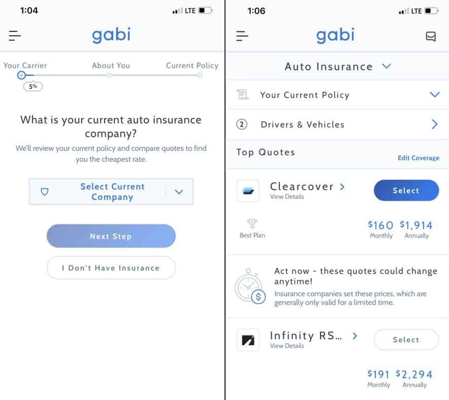 Gabi mobile home page and results page side-by-side