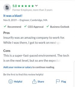 Insurify's second five-star review on Glassdoor