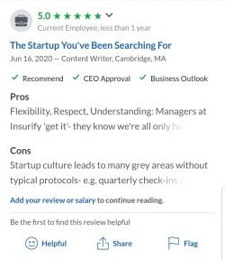 Insurify's third five-star review on Glassdoor