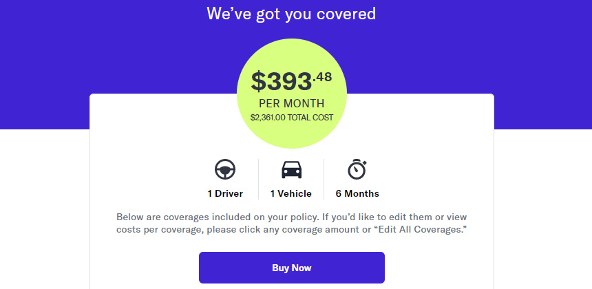 Screenshot of final Clearcover quote for $393 per month.