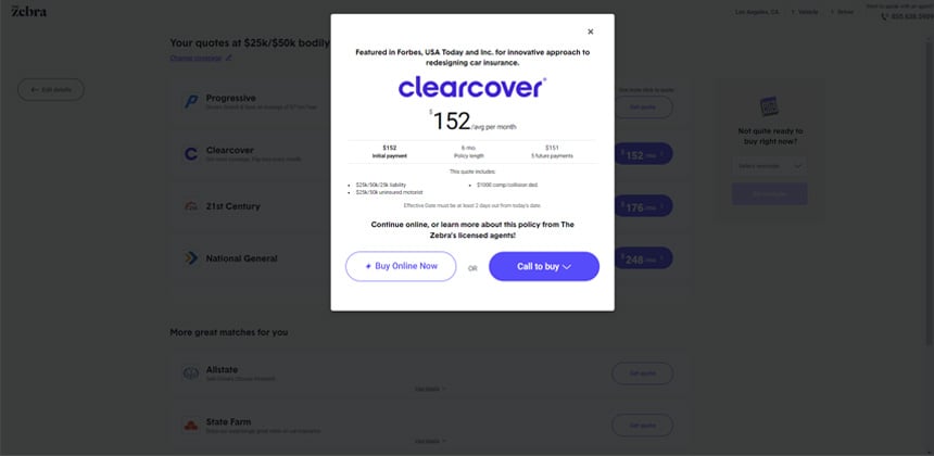 Screenshot of Clearcover quote for $152.
