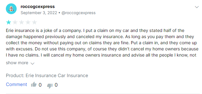 1-star review of Erie about dispute with claims processing