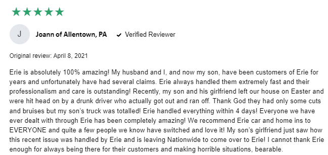 5-star Erie review detailing positive claims experience