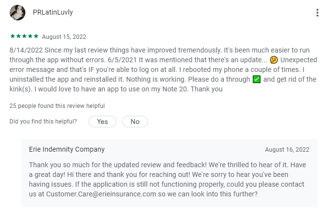 5-star review of Erie Insurance Mobile on Google Play