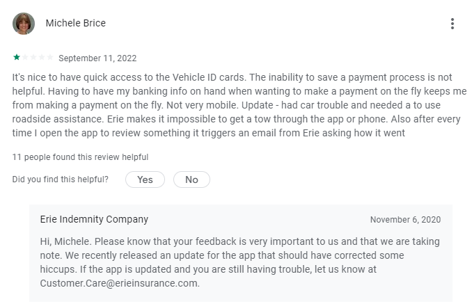 1-star review of Erie Insurance Mobile on Google Play