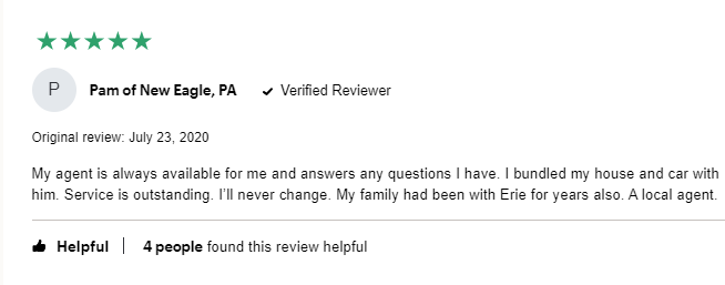 5-star review of Erie praising local agents
