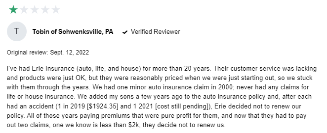 1-star review of Erie explaining issues with nonrenewal