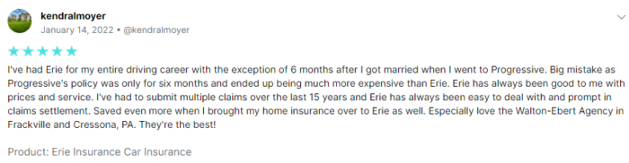5-star Erie review from user who has had positive claims experiences with local agency