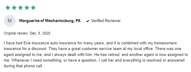 5-star review of positive Erie customer service