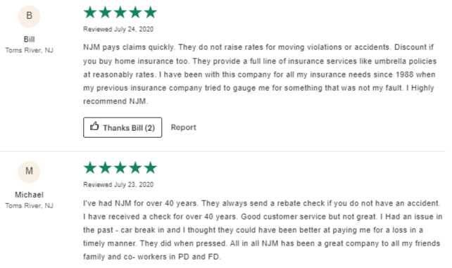 Pair of 5-star customer reviews of NJM Insurance