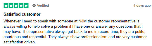 5-star customer review of NJM customer service