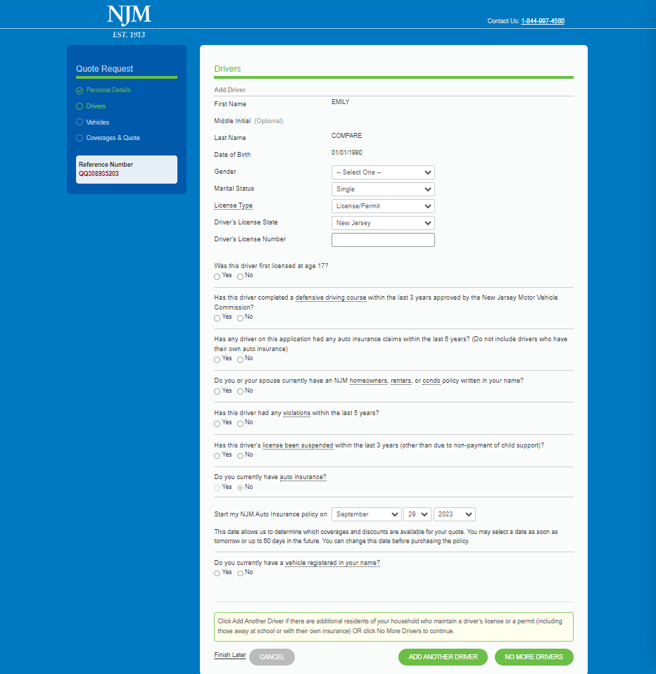NJM quote questionnaire page requesting driver info