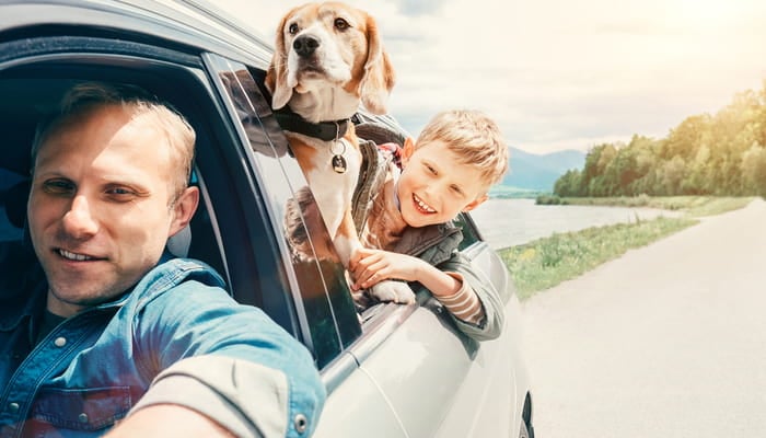 Dad driving with his sons and dog