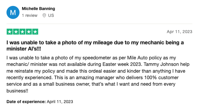 5-star customer review of Mile Auto's customer service