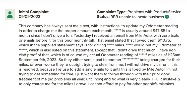 Customer complaint about Mile Auto on the BBB