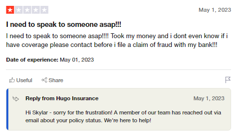 1-star customer review of Hugo Insurance