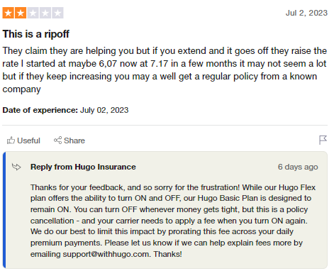 2-star customer review of Hugo Insurance