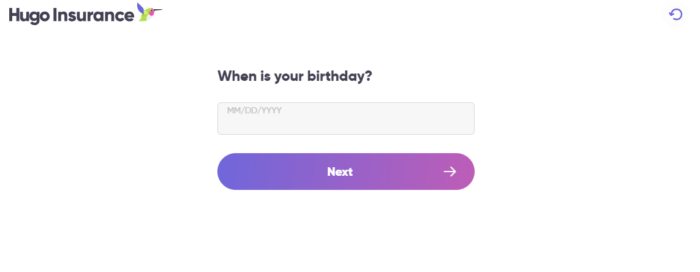 Hugo Insurance quote page requesting driver's birthday