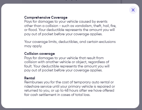 Hugo Insurance coverage explanations page shown during quote process