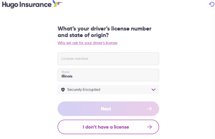 Hugo Insurance quote page requesting driver's license information