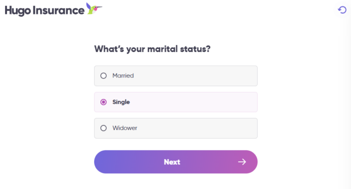 Hugo Insurance quote page requesting driver's marital status