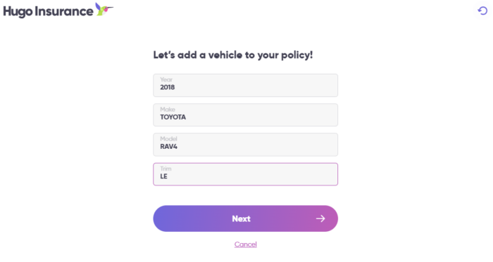 Hugo Insurance quote page requesting driver's vehicle information