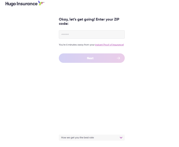 Hugo Insurance quote page for driver ZIP code