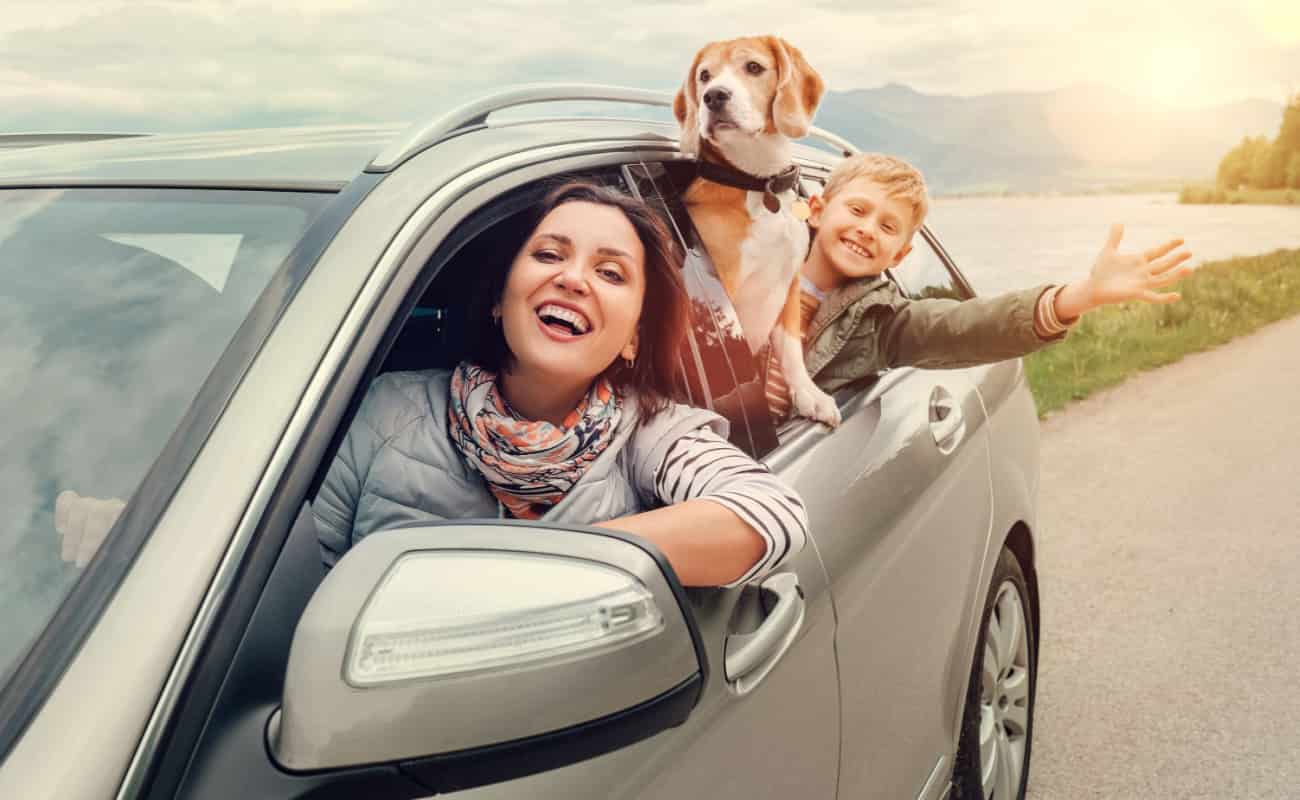 woman smiling with son and dog in the car