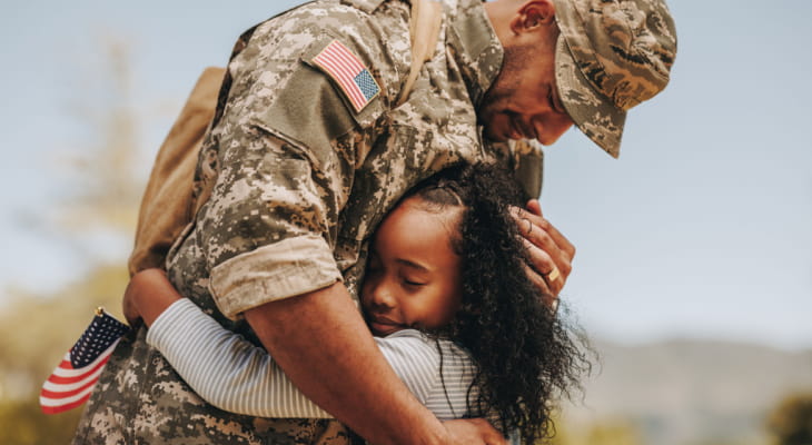 military dad hugging his daughter