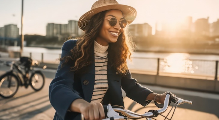 Woman happily riding her bike