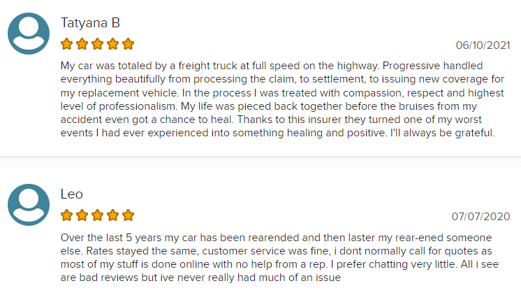 Two 5-star reviews of Progressive claims on ConsumerAffairs