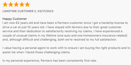 5-star review of Farmers Insurance