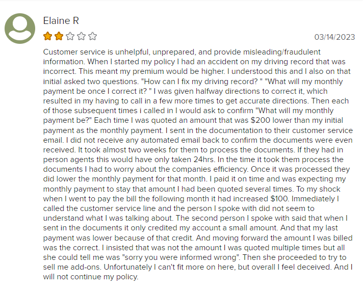2-star Progressive customer service review