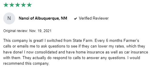 5-star review of Farmers customer service