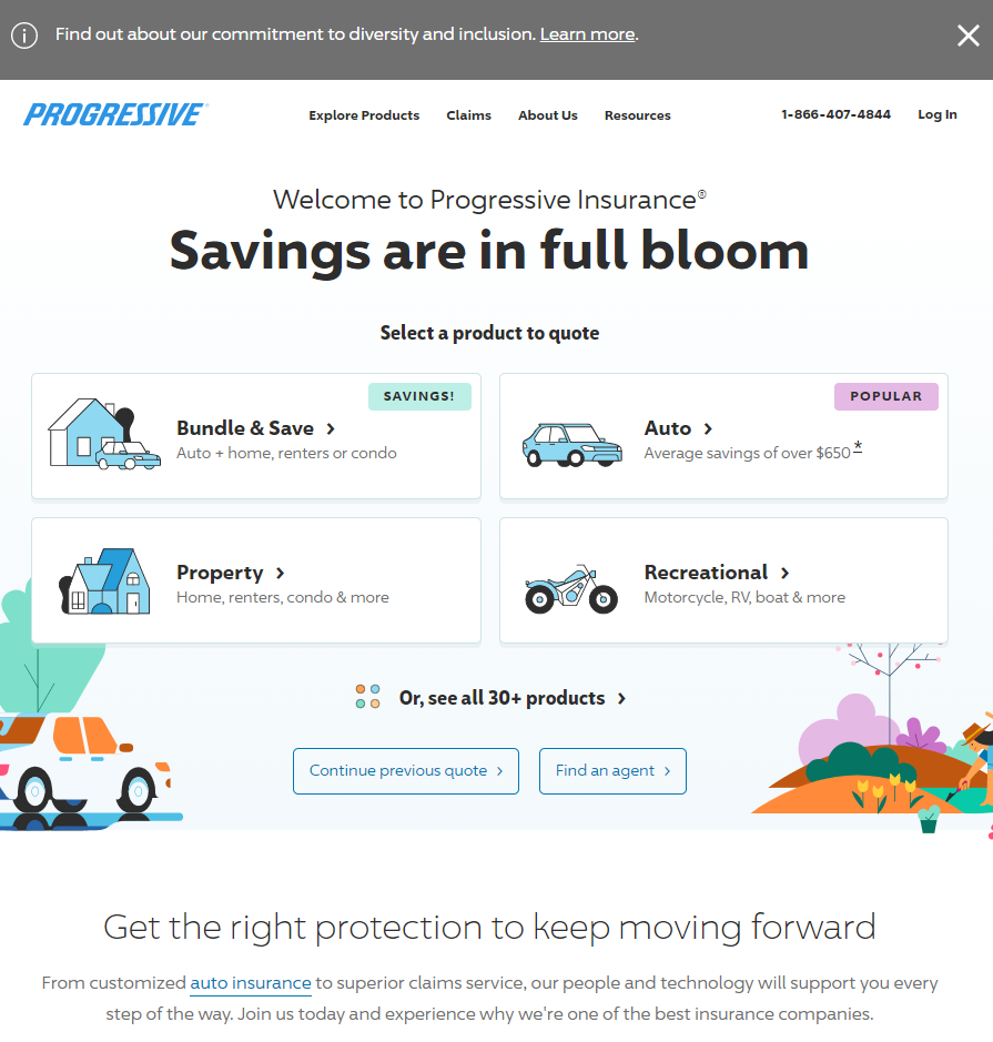 Screenshot of Progressive's home page