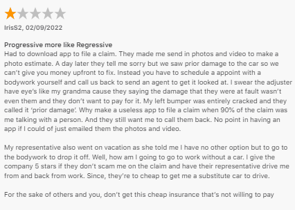 1-star Progressive app review on Apple app store