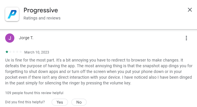 1-star review of Progressive app on Google Play store