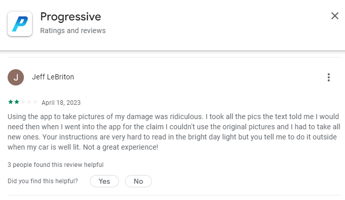 2-star review of Progressive app on Google Play store