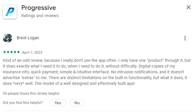 5-star review of Progressive app on Google Play store