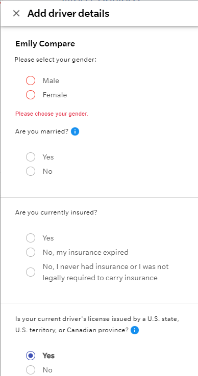 Farmers quote page asking about marital status and current insurance