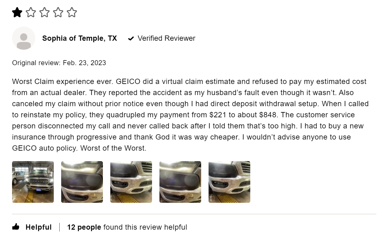 1-star review of GEICO complaining about poor claims experience