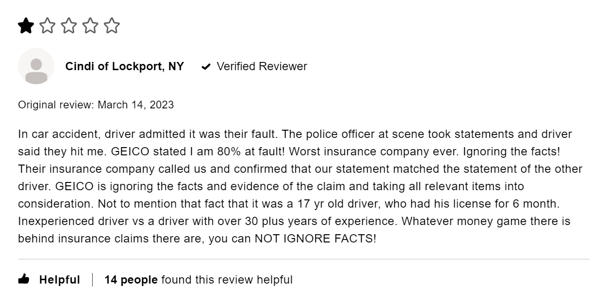 1-star review complaining about GEICO claims process