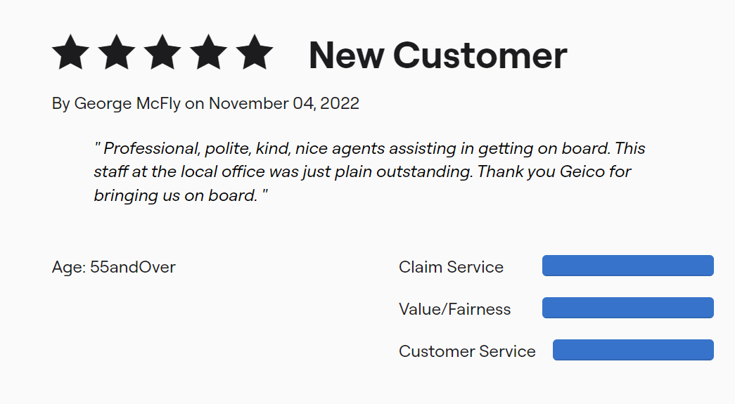 5-star review of GEICO customer service