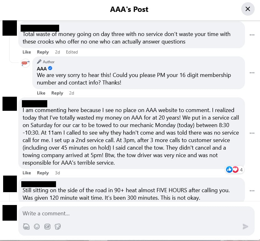 Comments on AAA Facebook post