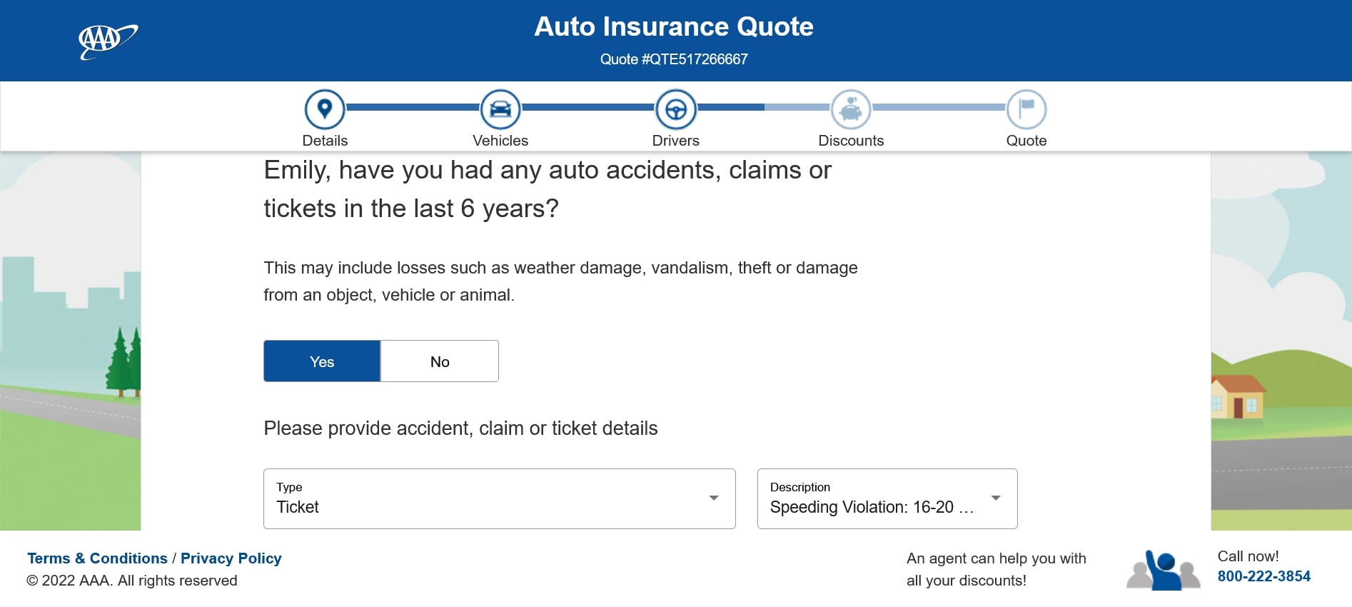 AAA quote page requesting driving history information