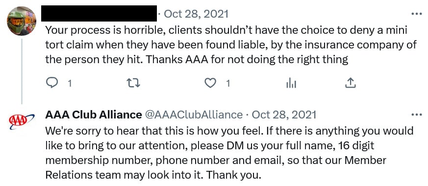 Twitter complaint about AAA claims processing