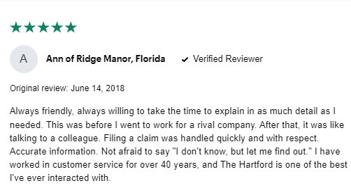 5-star customer review of The Hartford