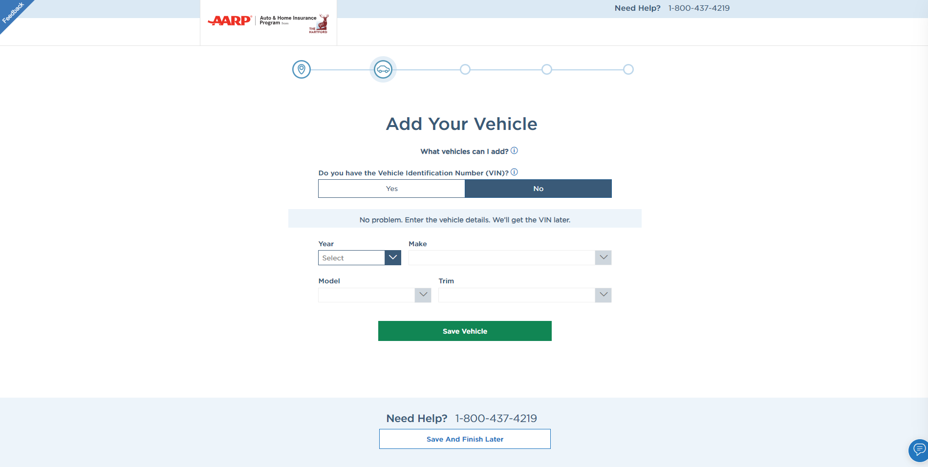 The Hartford quote page requesting additional vehicle information