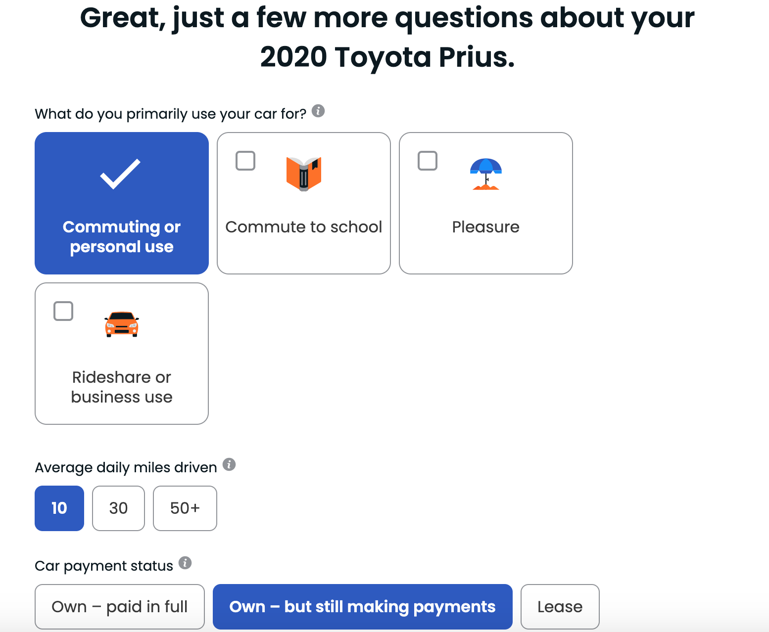 Insurify quote page asking about vehicle usage