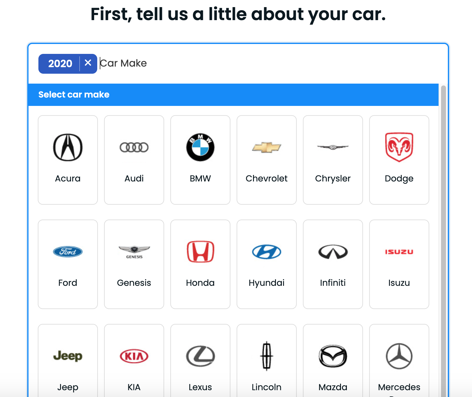 Insurify quote process page asking about vehicle make